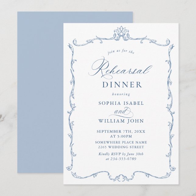 Elegant Victorian Dusty Blue Rehearsal Dinner Inbjudningar (Fram/baksida)