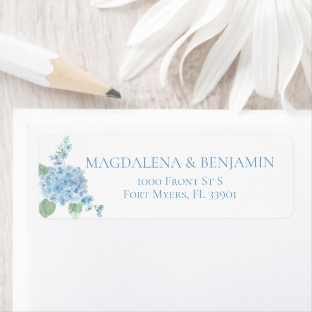 Elegant Victorian Garden Blue Hydrangea Bröllop Returadress Etikett (Insitu)