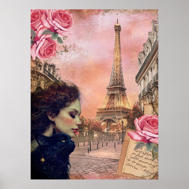 Elegant Victorian Girl & Black Cat i Paris Poster (Framsidan)