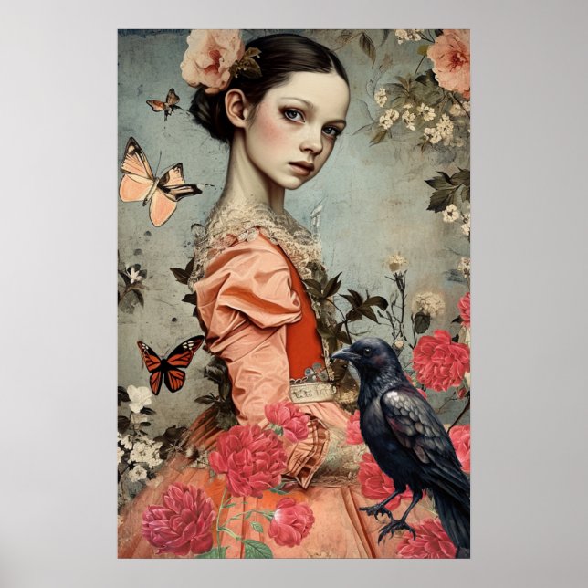 Elegant Victorian Gothic Girl Blommigt & Raven Poster (Framsidan)