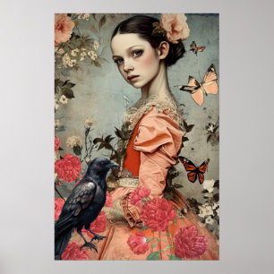 Elegant Victorian Gothic Girl Blommigt & Raven Poster