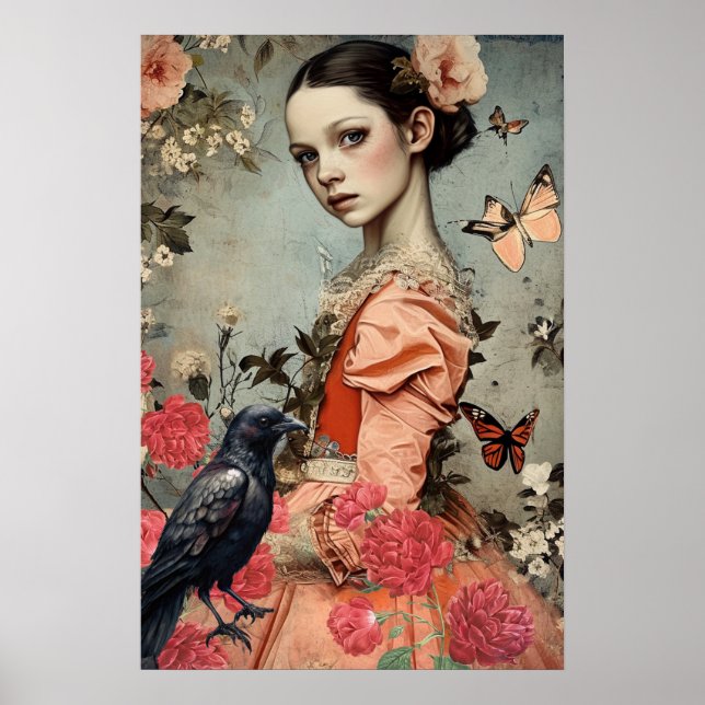 Elegant Victorian Gothic Girl Blommigt & Raven Poster (Framsidan)