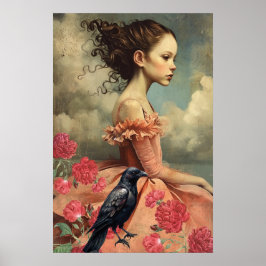 Elegant Victorian Gothic Girl Blommigt & Raven Poster