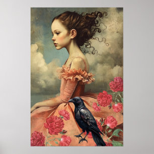 Elegant Victorian Gothic Girl Blommigt & Raven Poster