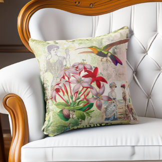 Elegant Victorian Mode Collage Flowers Birds Kudde