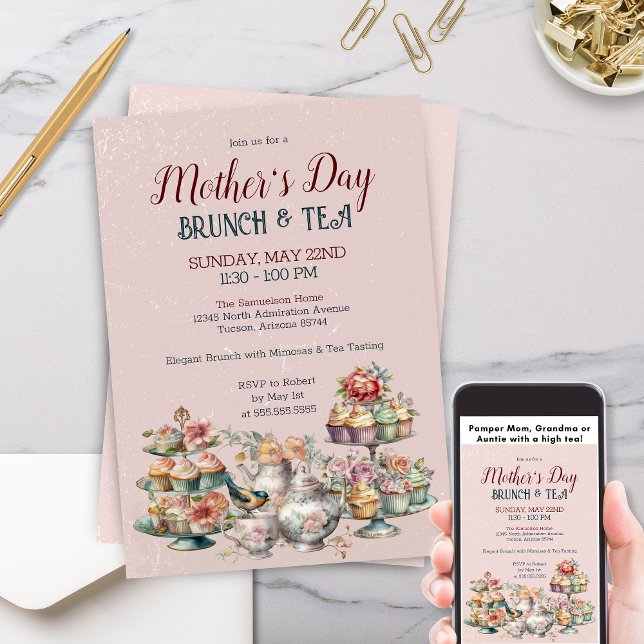 Elegant Victorian Mors dag Brunch Tea Party Inbjudningar (Elegant Victorian Mother's Day Tea Party Invitation with Floral Greenery and Vintage Pastries)