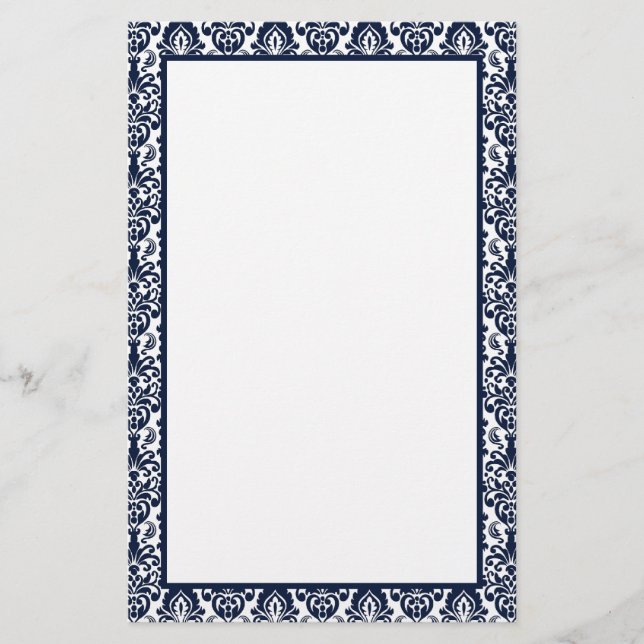 Elegant Victorian Navy Snöre Damask Pattern Gräns Brevpapper (Framsida)