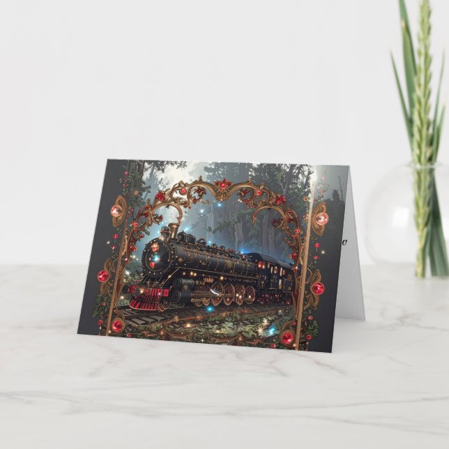 Elegant Victorian Nostalgia Christmas Steam Train Helgkort (Framsida)