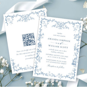 Elegant Victorian Ornate Blommigt Dusty Blue Bröll Inbjudningar
