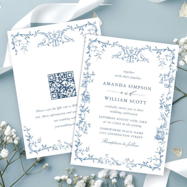 Elegant Victorian Ornate Blommigt Dusty Blue Bröll Inbjudningar (Skapare uppladdad)