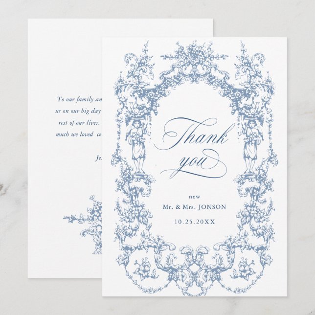 Elegant Victorian Ornate Blommigt Dusty Blue Bröll Tack Kort (Fram/baksida)