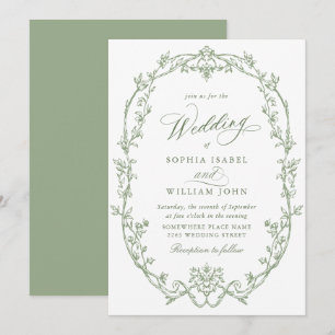 Elegant Victorian Ornate Blommigt Sage Grönt Bröll Inbjudningar