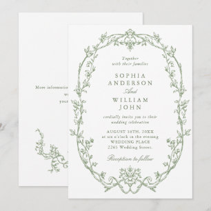 Elegant Victorian Ornate Blommigt Sage Grönt Bröll Inbjudningar