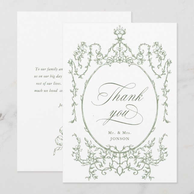Elegant Victorian Ornate Blommigt Sage Grönt Bröll Tack Kort (Fram/baksida)