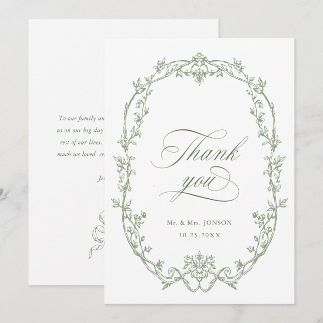 Elegant Victorian Ornate Blommigt Sage Grönt Bröll Tack Kort (Fram/baksida)