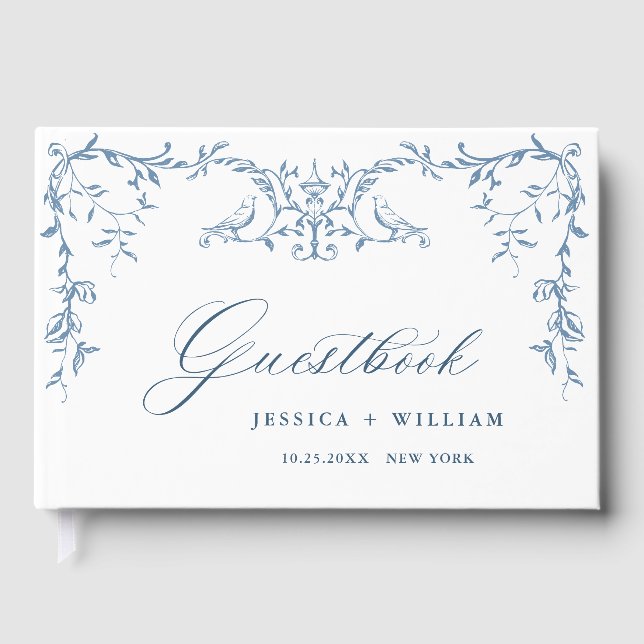 Elegant Victorian Ornate Blue Blommigt Bröllop Gästböcker (Framsida)