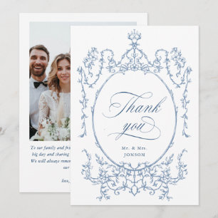 Elegant Victorian Ornate Dusty Blue Bröllop Photo Tack Kort