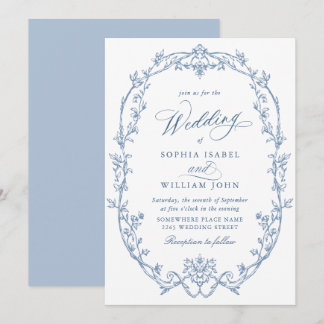 Elegant Victorian Ornate Floral Dusty Blue Wedding Inbjudningar