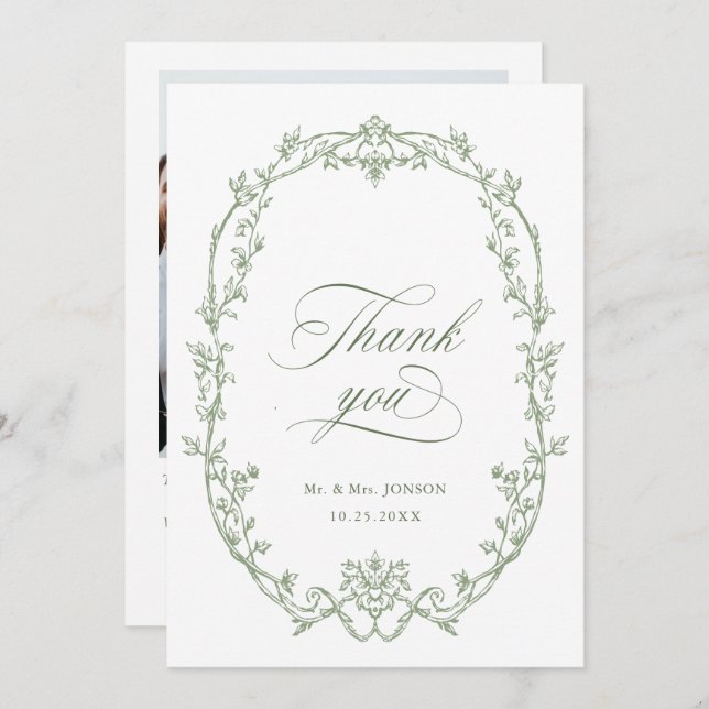 Elegant Victorian Ornate Sage Grönt Bröllop Photo Tack Kort (Fram/baksida)