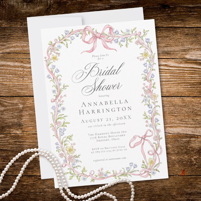 Elegant Victorian Pastel Floral Bow Bridal Shower Inbjudningar (Elegant Victorian Pastel Floral Bow Bridal Shower Invitation)