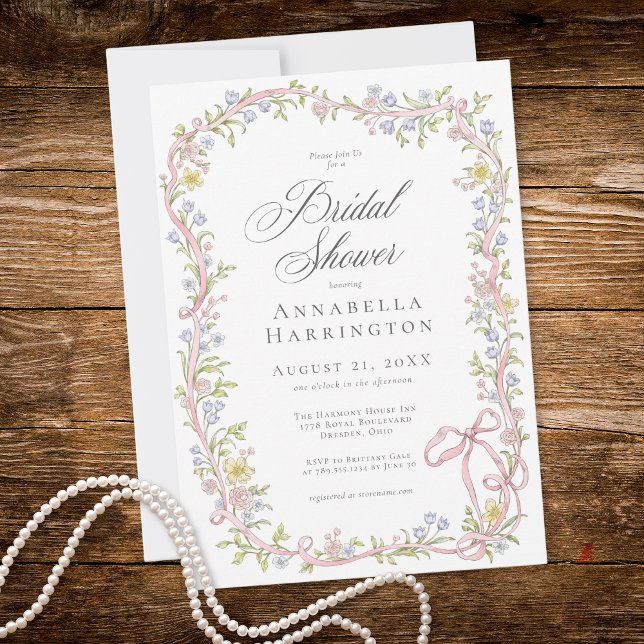Elegant Victorian Pastel Floral Bow Bridal Shower Inbjudningar (Elegant Victorian Pastel Floral Bow Bridal Shower Invitation)