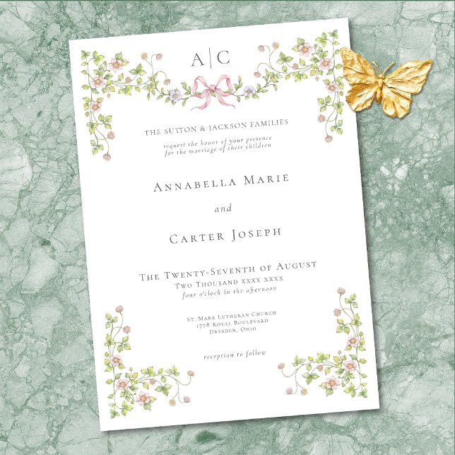 Elegant Victorian Pastel Floral Bow Wedding Inbjudningar (Elegant Victorian Pastel Floral Bow Wedding Invitation)