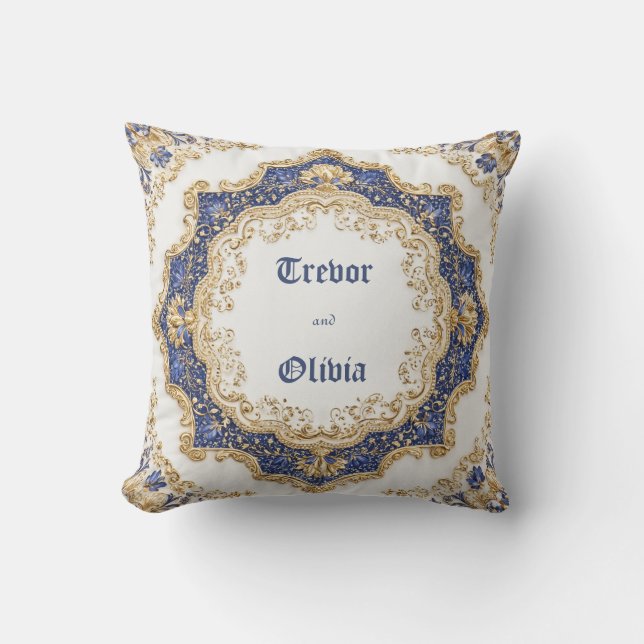 Elegant Victorian Royal Blue och Guld Baroque Kudde (Framsida)
