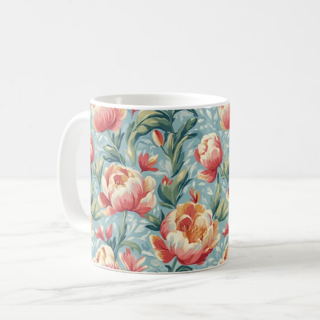Elegant Victorian Stil Blommigt Peonies Tulips Kaffemugg (Framsida vänster)