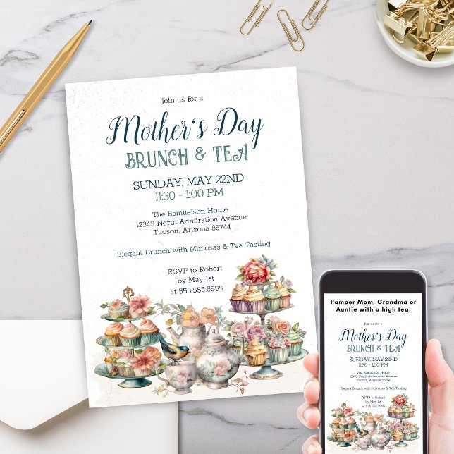 Elegant Victorian Tea Party Brunch, händelse Inbjudningar (Elegant tea party invitation with vintage floral greenery and victorian aesthetics)