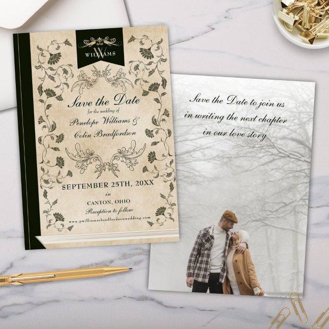 Elegant Victorian Vintage bröllop Spara datum Inbjudningar (Vintage Save the Date Invitation for Library Book Cover Victorian Elegant Wedding)