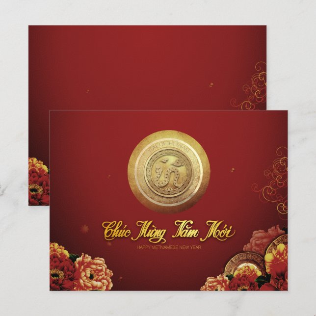 Elegant Vietnamesisk orm nyår 2025 Peonies HPc Helg Vykort (Fram/baksida)