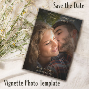 Elegant Vignette Photo Template Black Guld Bröllop Spara Datumet