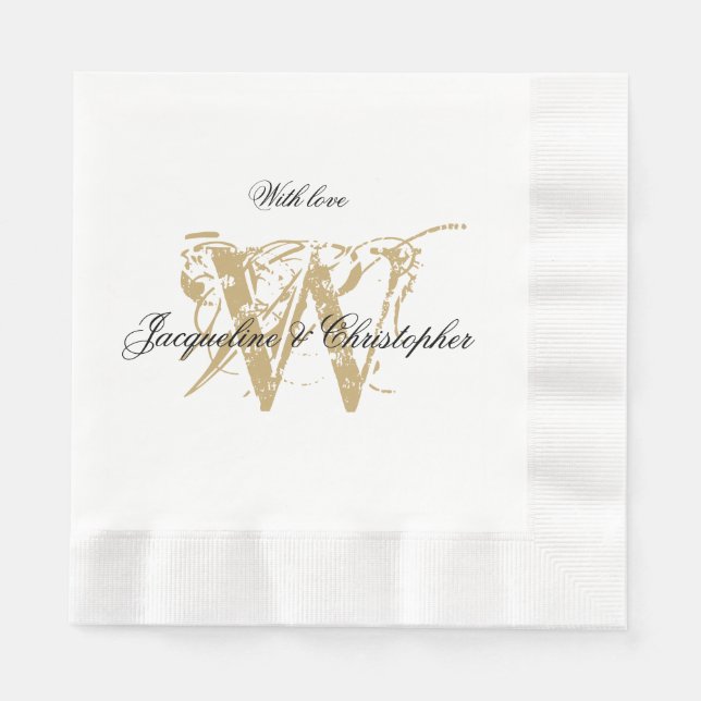 Elegant vigsel gul monogram svarta detaljer vit pappersservett (Framsidan)