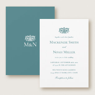 Elegant vigselmonogram-inbjudan utsmyckad teal inbjudningar