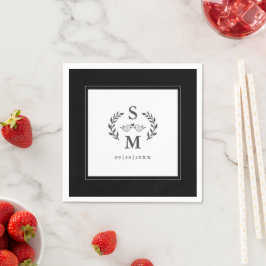 Elegant vigselmonogram Krans Svart Vit Pappersservett