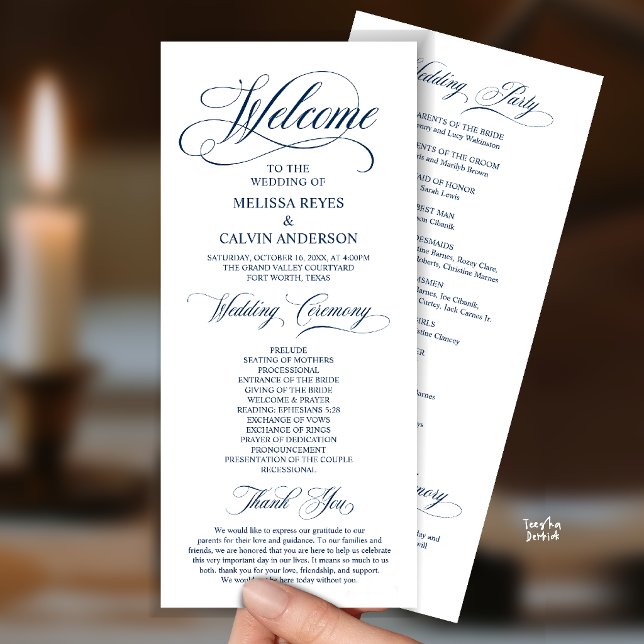 Elegant vigselsordning, Klassisk marinblå Program (Elegant Wedding Ceremony Order, Party, Memorial, Classy Program Card in Navy Blue)