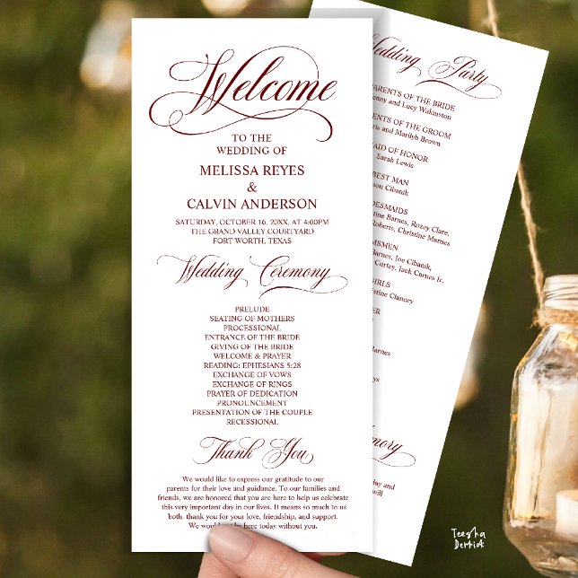 Elegant vigsordning, vinröd färg program (Elegant Wedding Ceremony Order, Party, Memorial, Classy Program Card in Burgundy Wine Red)