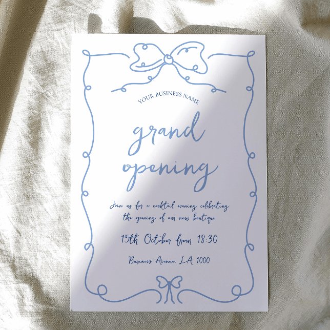 Elegant Viktigt Bows Blue Business Open Event Inbjudningar (Elegant hand-drawn business grand opening invitation with handwritten style font in blue and white)