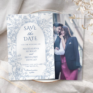 Elegant Viktorian Blommigt Fransk Blue Toile Photo Spara Datumet
