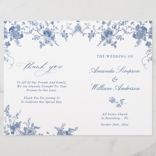 Elegant Viktorian Blue Blommigt Bröllopsprogram (Framsida)