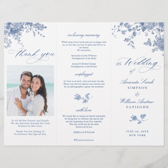 Elegant Viktorian Blue Blommigt Bröllopsprogram (Framsida)