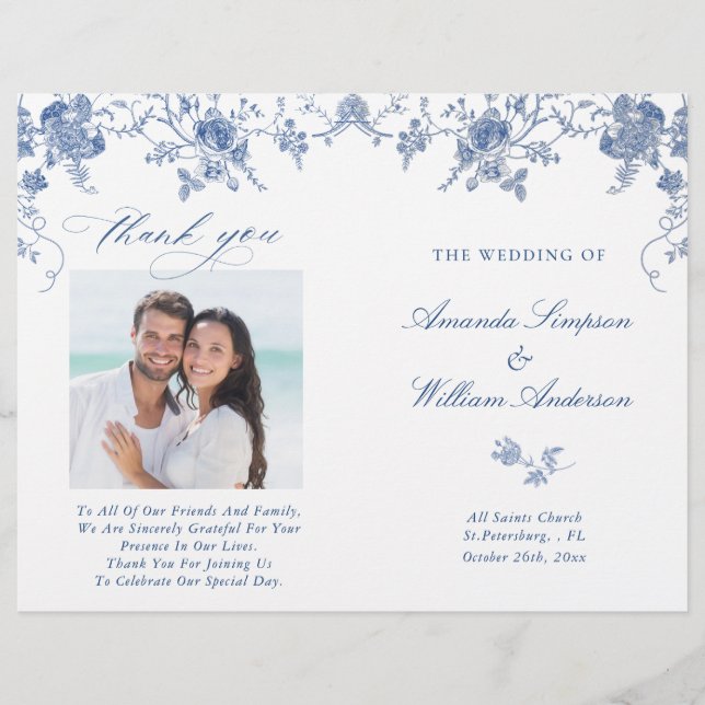 Elegant Viktorian Blue Blommigt Bröllopsprogram (Framsida)