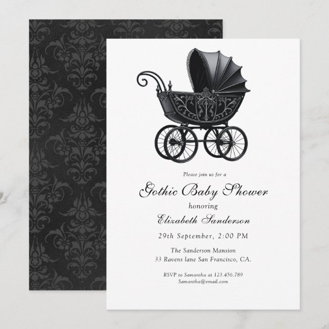 Elegant viktoriansk barnvagn gotisk baby shower inbjudningar (Fram/baksida)
