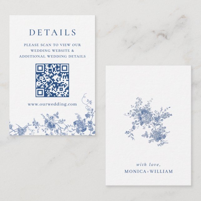 Elegant viktoriansk blå blommig QR-kod Detaljer Tilläggskort (Fram/baksida)