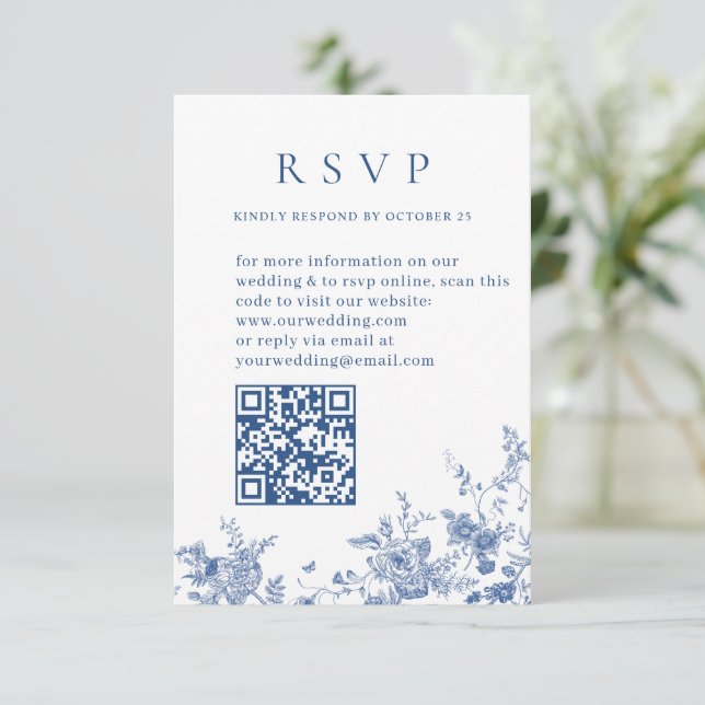 Elegant viktoriansk blå blomsterbröllops QR-kod OSA Kort (Stående Fram)