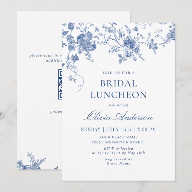 Elegant viktoriansk blå blomsterlig BRÖLLOPSLUNCH Inbjudningar (Fram/baksida)