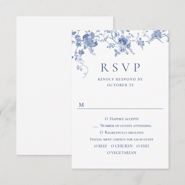 Elegant viktoriansk blå fransk blomsterbröllop OSA kort (Fram/baksida)
