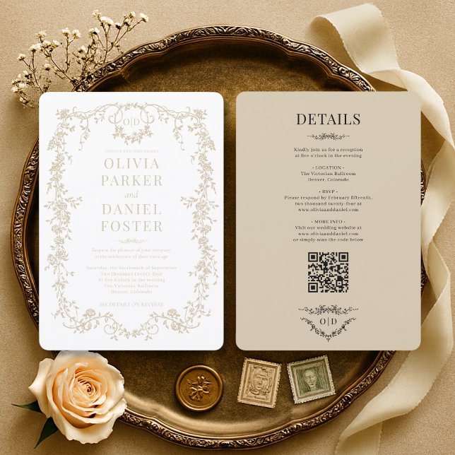 Elegant viktoriansk champagne beige QR-kod bröllop Inbjudningar (Skapare uppladdad)