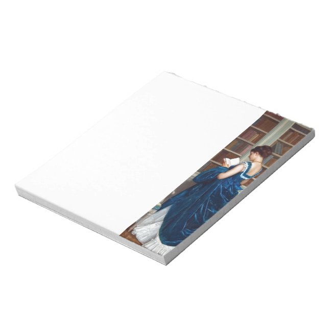 Elegant viktoriansk kvinna som läser i bibliotek anteckningsblock (Roterad)