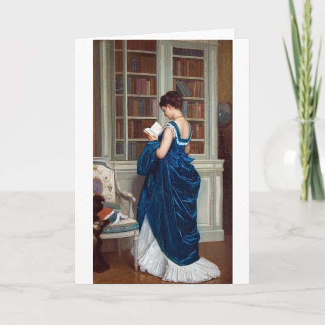 Elegant viktoriansk kvinna som läser i bibliotek kort (Framsida)